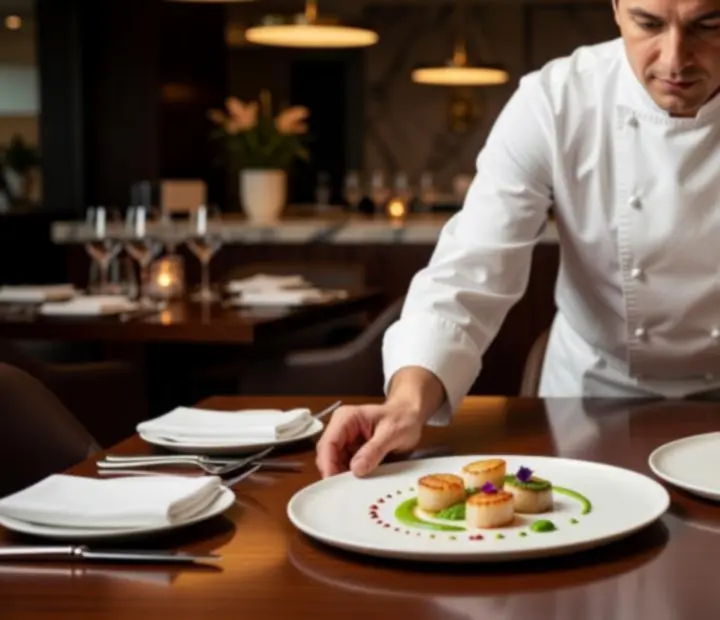 Chef presentando platos gourmet de autor en un restaurante de lujo en Buenos Aires