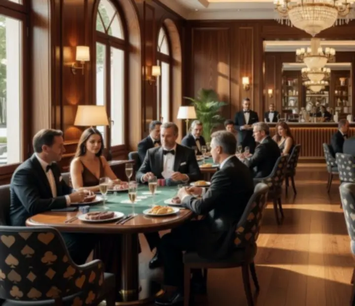 Interior elegante de restaurante con mesas de póker y comensales disfrutando de una noche exclusiva