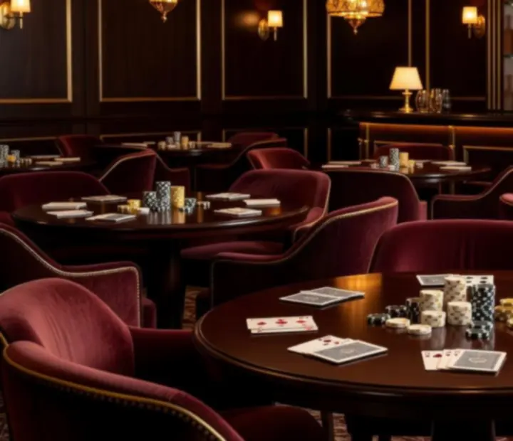 Interior de restaurante con mesas de madera de nogal, detalles en mármol y motivos sutiles de poker