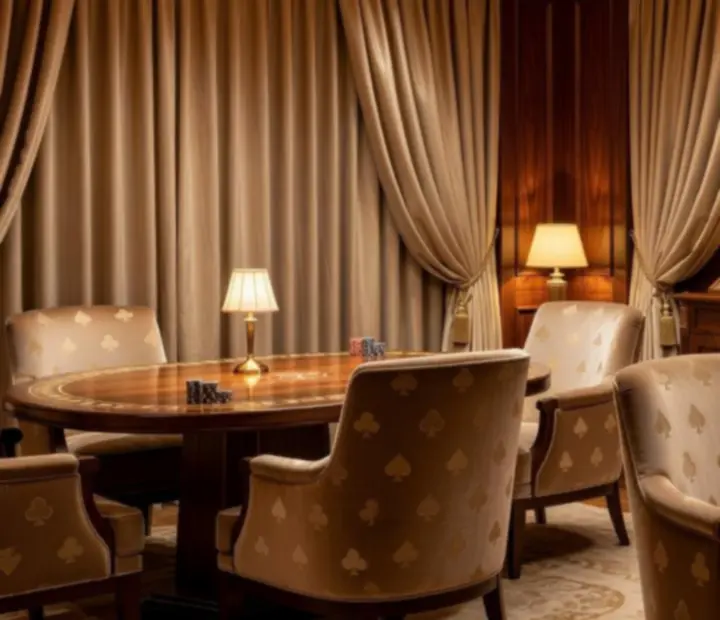 Interior elegante del Poker Lounge con madera, luz cálida y detalles dorados