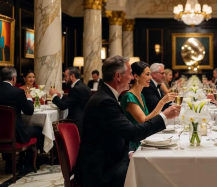 Evento VIP con invitados disfrutando de gastronomía y poker en ambiente elegante